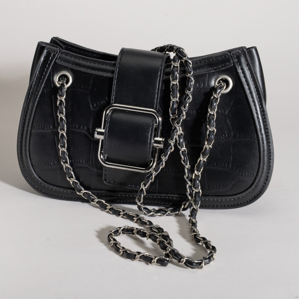 Black Croc-Embossed Chain Strap Shoulder Bag